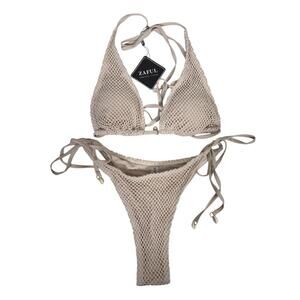 ZAFUL Bikini Set Womens Small Tan Beige Fishnet Crochet Triangle Halter NWT